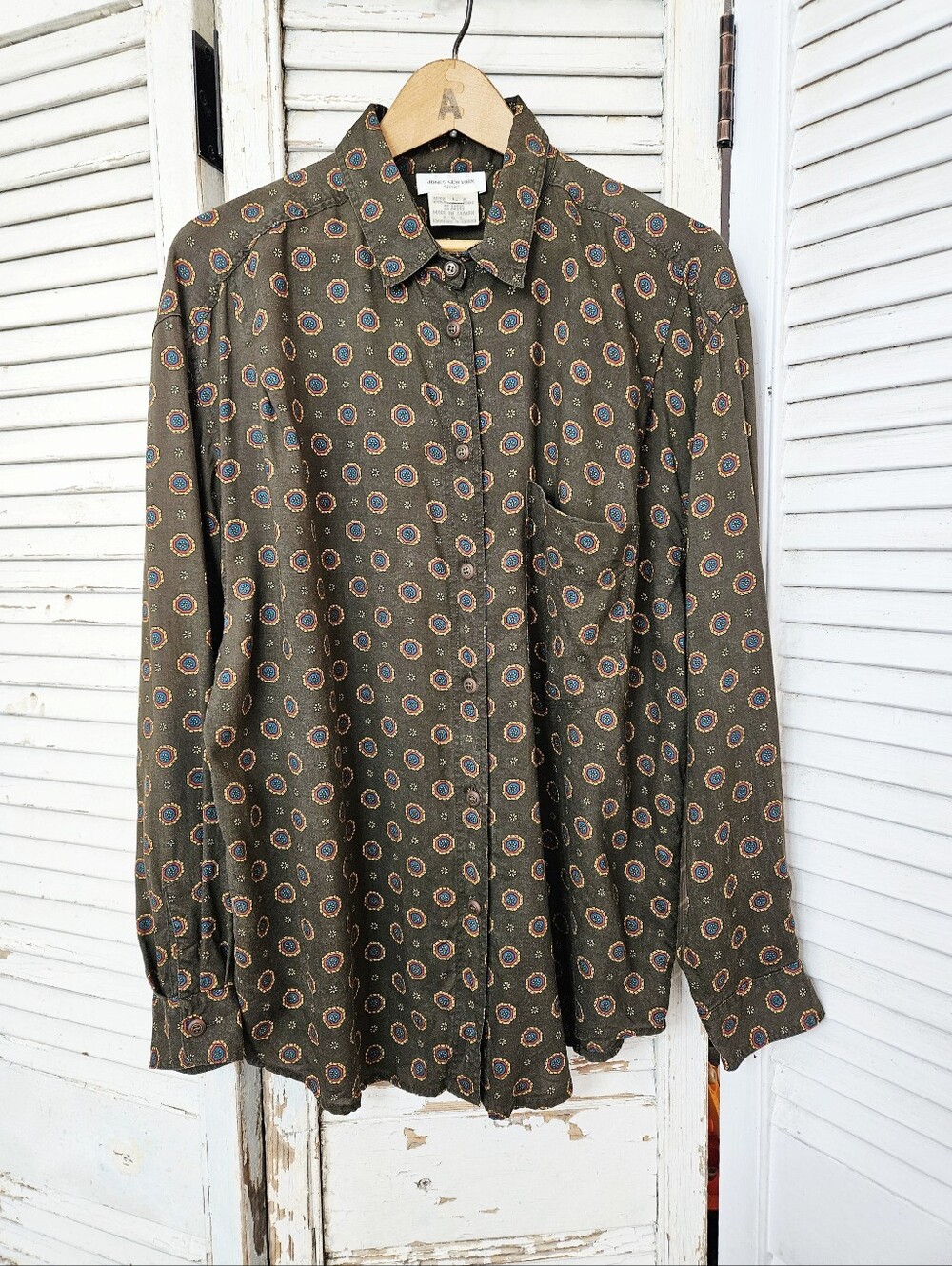 Vintage 90s Jones New York Sport Chocolate Brown Printed Blouse Large